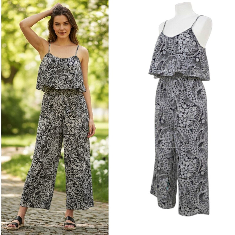 CeCe Floral Romper Wmn's Sz S Black White Sleeveless Adjustable Straps Side zip